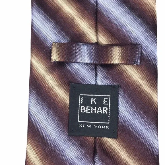 IKE BEHAR Men's 100% Silk Tie Hand Tailored Brown Purple Beige Striped Necktie - Picture 4 of 10